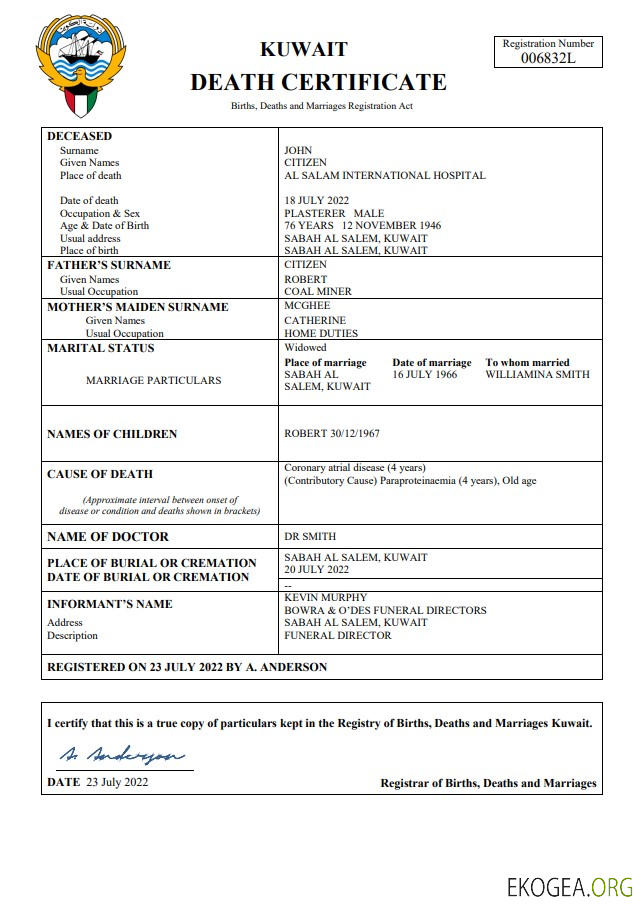 Modèle Word et PDF de certificat de décès du Koweït